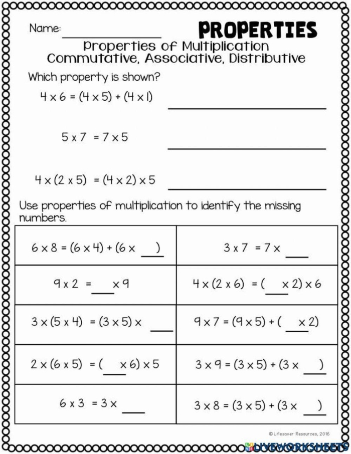 Third grade distributive property of multiplication practice worksheet with visual models and equations