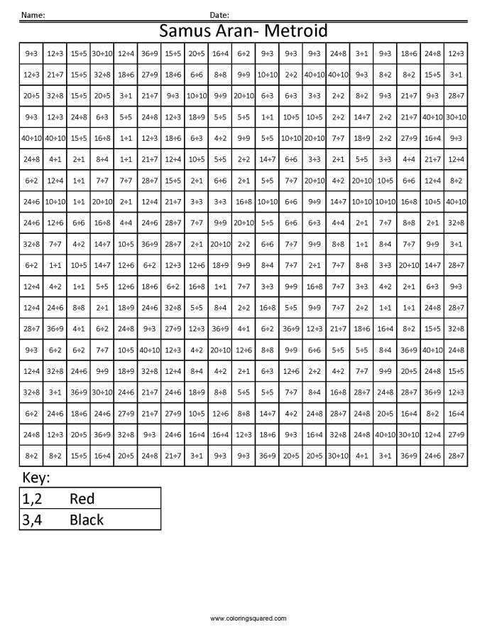 Third grade color by number division worksheet with basic division problems and coloring activity