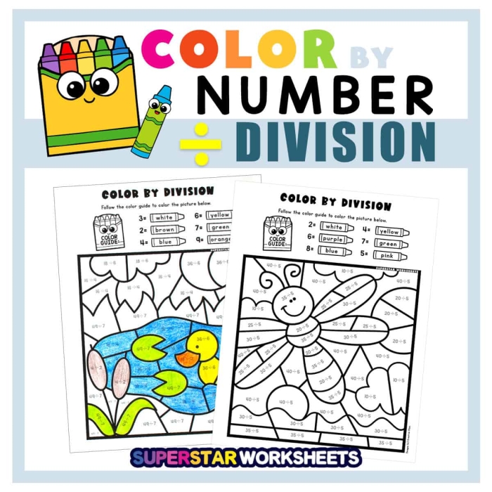Third grade color by number division worksheet with basic division problems and coloring activity