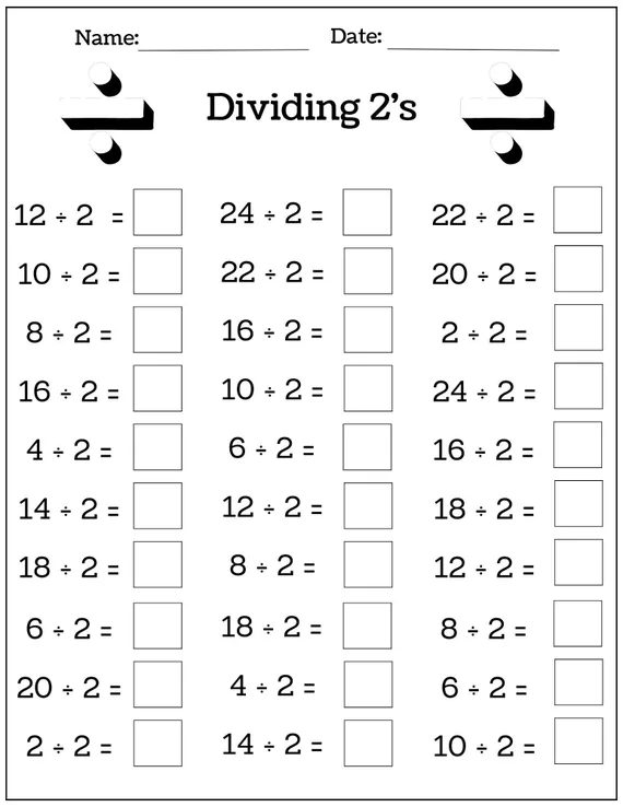 Division Challenge Level 1 worksheet for third graders featuring 20 division problems