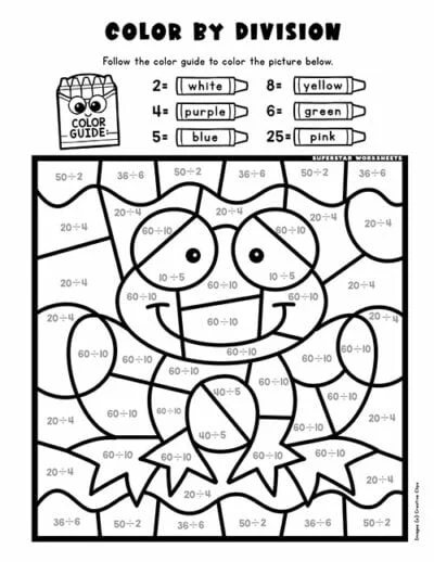 Third grade student completing a color by number division worksheet at a desk