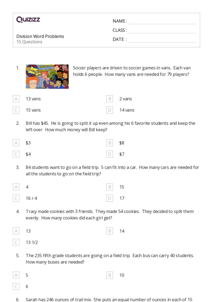 Division strategies practice worksheet image 6 for elementary math learners Third grade division word problems worksheet showing students solving problems using arrays, equal groups, repeated subtraction, and multiplication sentences