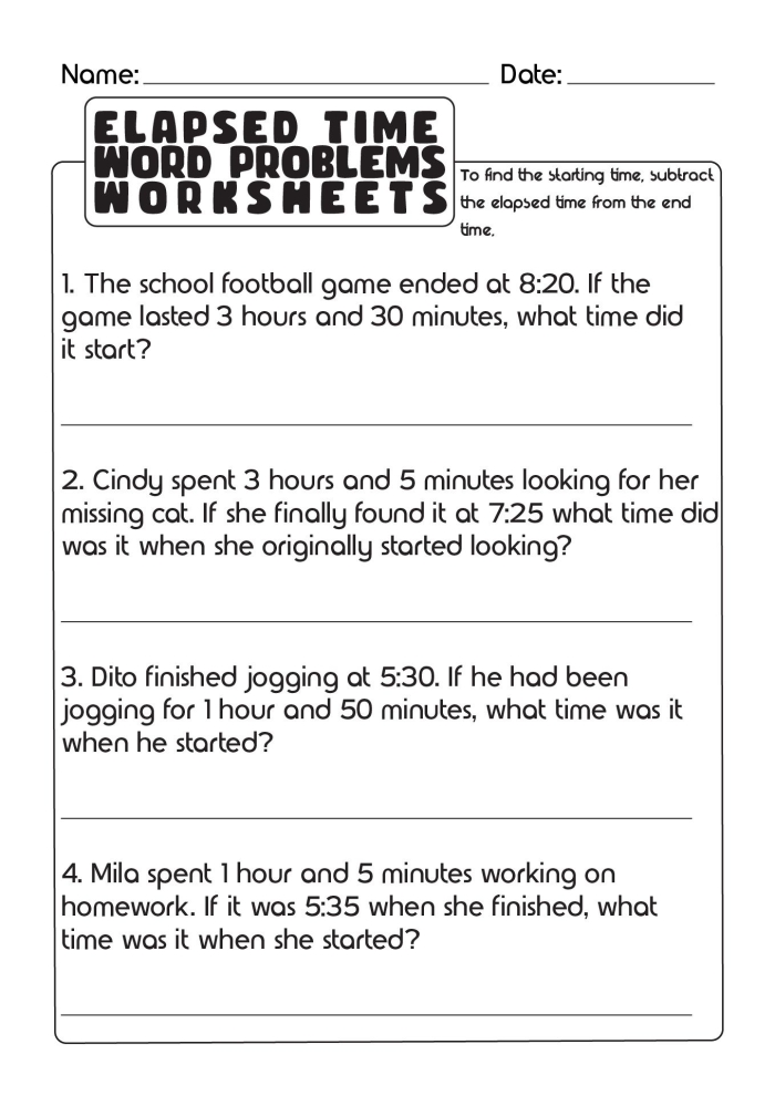 Third grade math worksheet featuring library-themed word problems about telling and elapsed time