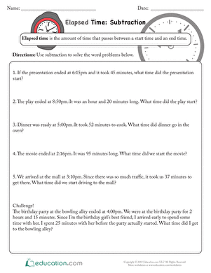 Third grade worksheet featuring word problems to calculate elapsed time for math practice