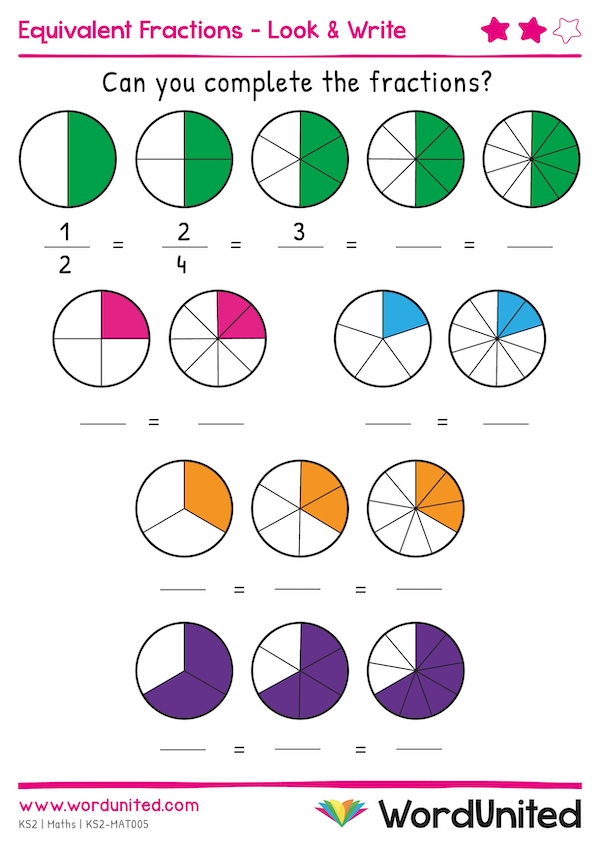 Third grade worksheet featuring visual models to help students practice matching equivalent fractions in life science