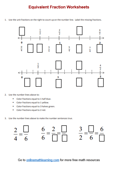 Equivalent Fractions Number Lines Worksheet Five Third grade math worksheet for identifying equivalent fractions on a number line