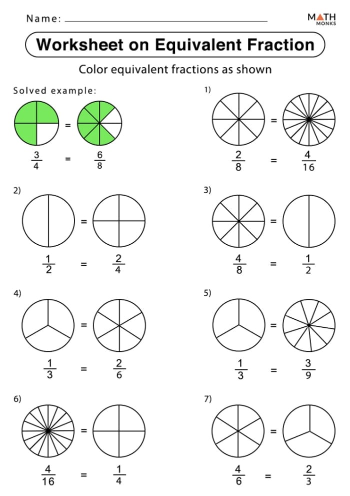 Third-grade equivalent fractions worksheet for math practice