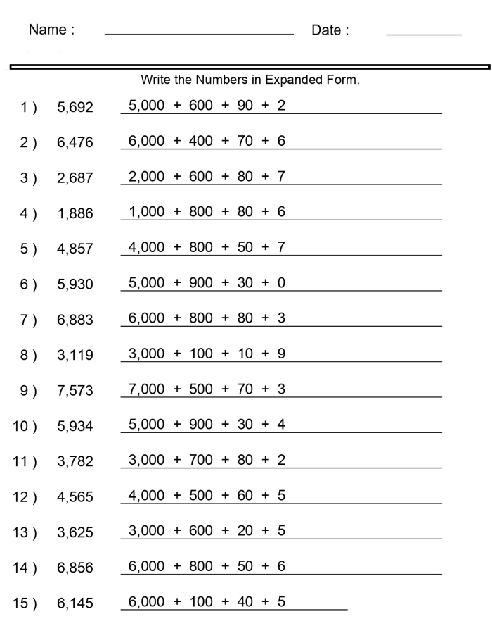 Place Value and Expanded Form Worksheet for Grade 3 Math Lesson 11 Third grade student completing a place value and expanded form practice worksheet
