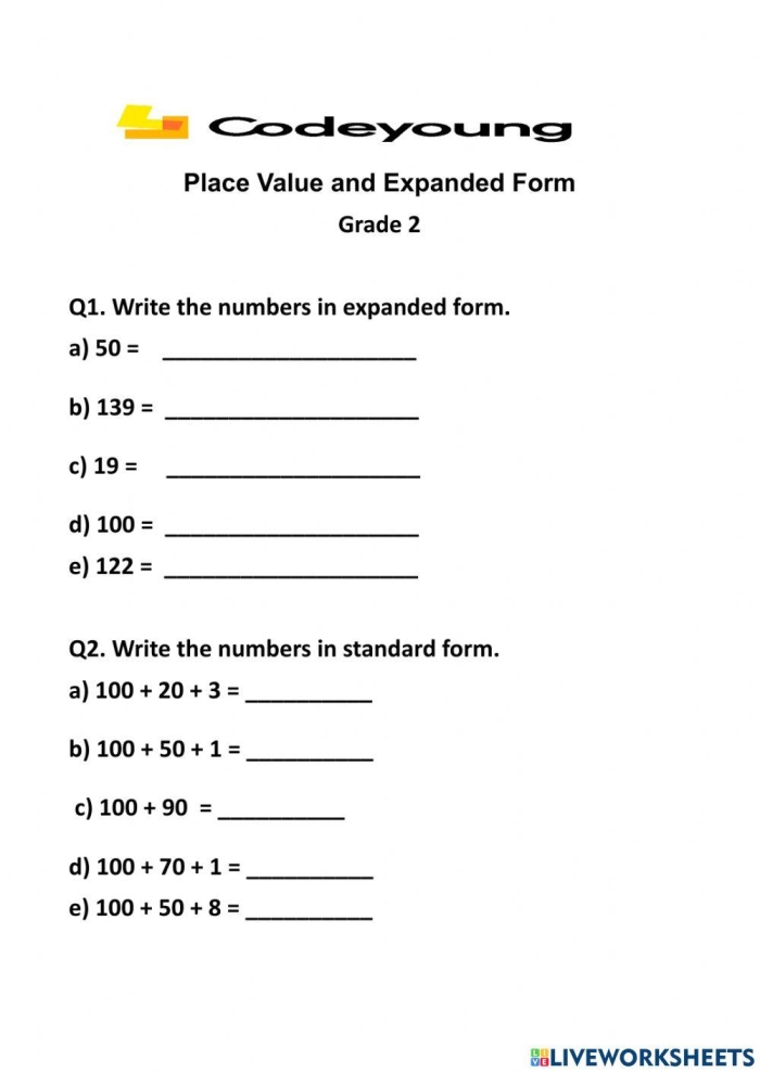 Place Value Expanded Form Learning Activity for Elementary Students Third grade place value and expanded form practice worksheet showing number breakdown exercises with place value columns