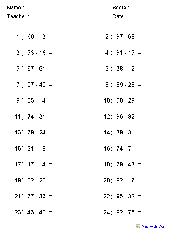 Timed 2-Minute Subtraction Math Drill Worksheet 13 Third grade 2-Minute Subtraction worksheet with rapid math drill problems