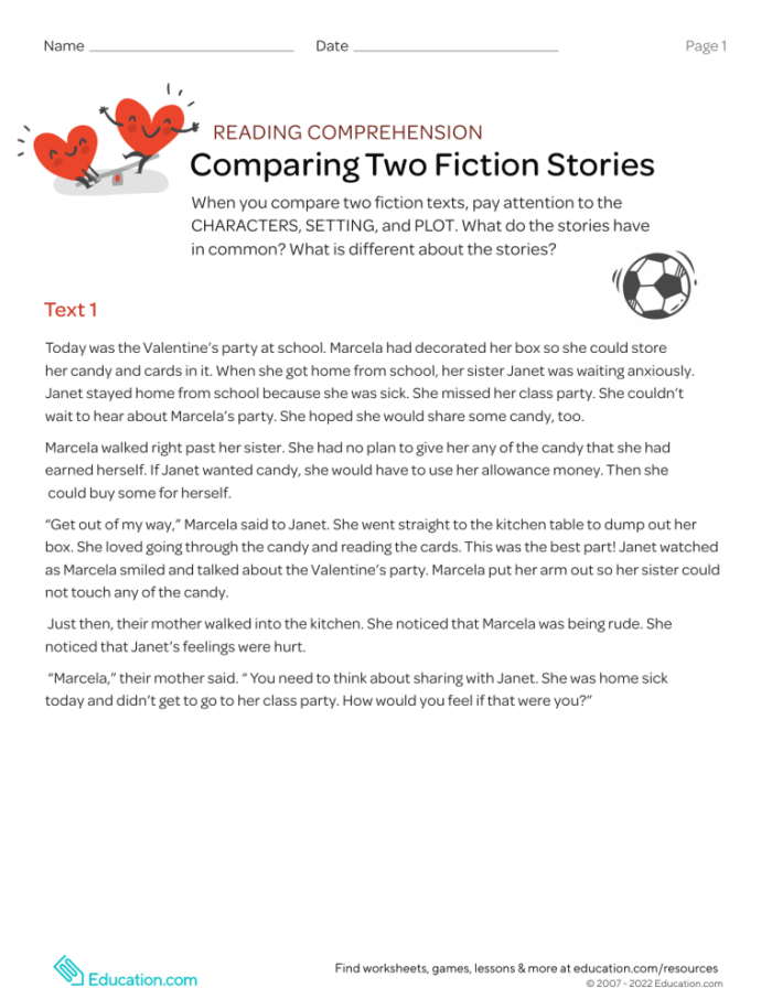 Third grade reading worksheet showing comparison activity between two fiction stories with sections for characters setting and plot analysis