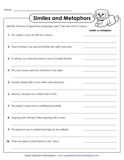Figurative Language Practice worksheet featuring examples of similes, metaphors, and personification for third graders
