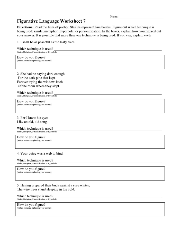 Third grade student completing a figurative language practice worksheet with similes and metaphors