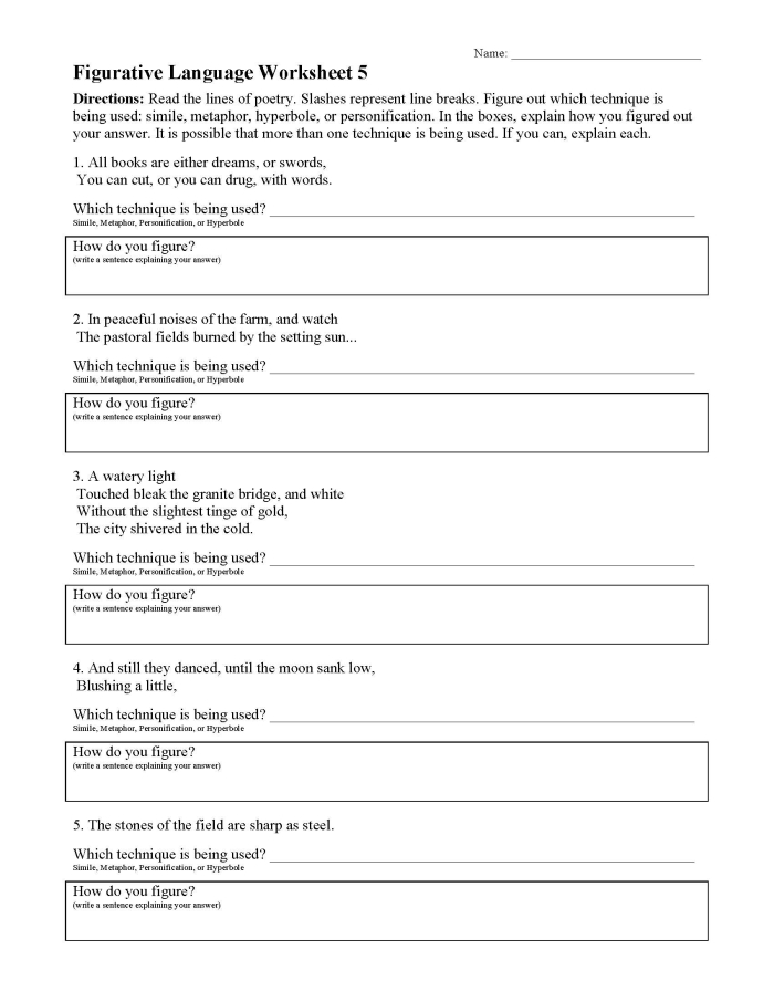 Figurative Language Practice worksheet for third graders focusing on similes, metaphors, and personification