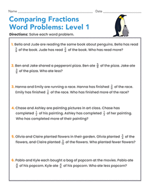 Worksheet for third graders focused on comparing fractions through engaging word problems