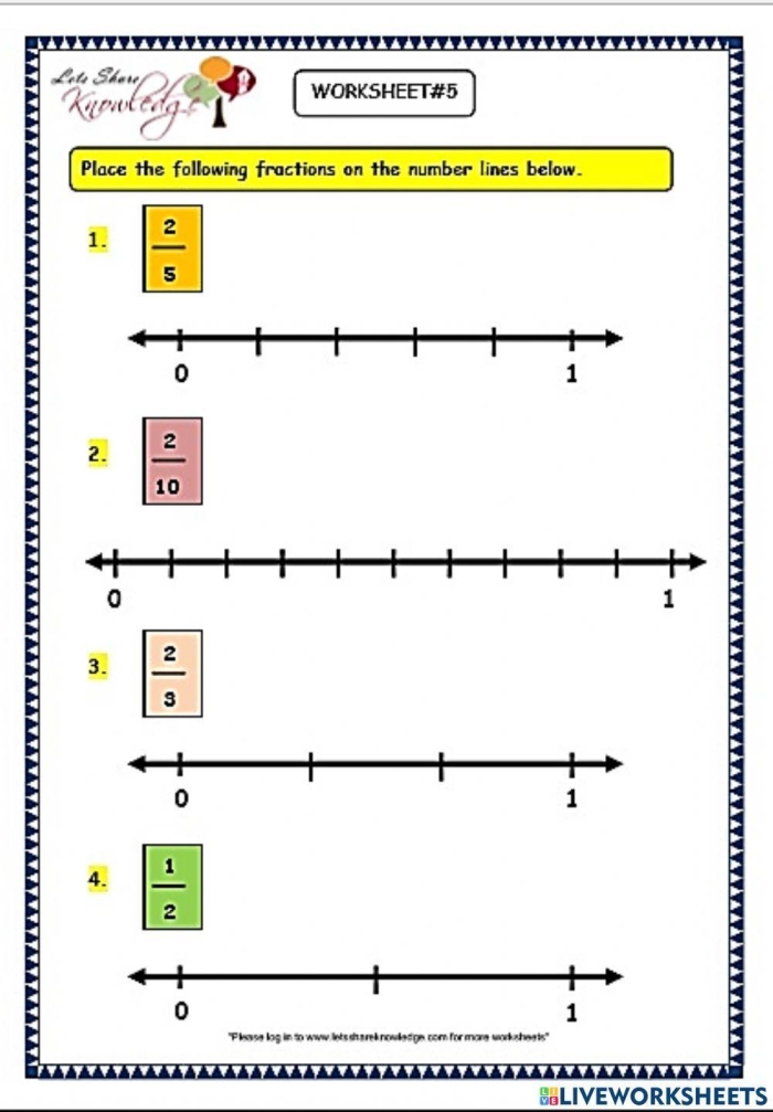 Third grade student completing a math exercise to represent fractions on a number line