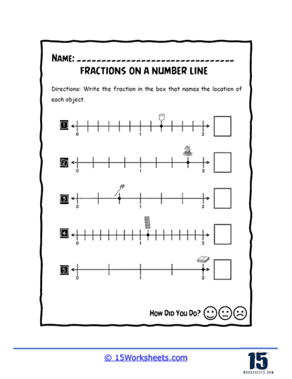Third grade student practicing fractions on a number line using a printed math worksheet