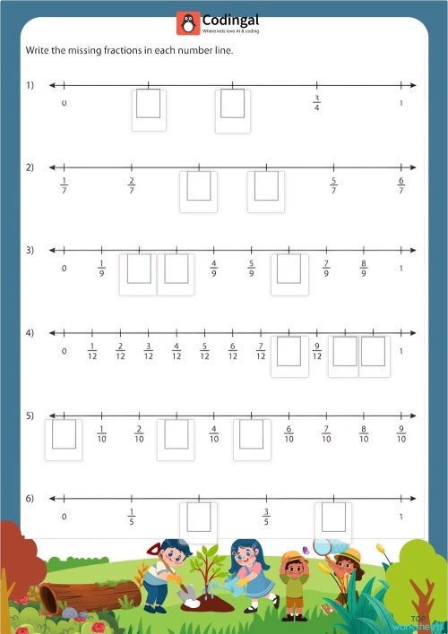 Third grade math worksheet for practicing how to represent fractions on a number line