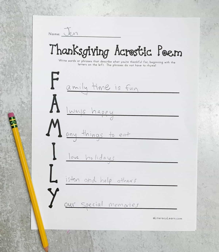 Write A Gratitude Acrostic Poem Practice Worksheet for Third Grade Students A third grader writes a gratitude acrostic poem on a worksheet with lines for each letter spelling out a word of thanks