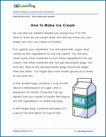 Reading Comprehension The Ice Cream Disaster Worksheet 12 Third grade reading comprehension worksheet featuring a passage about an ice cream disaster