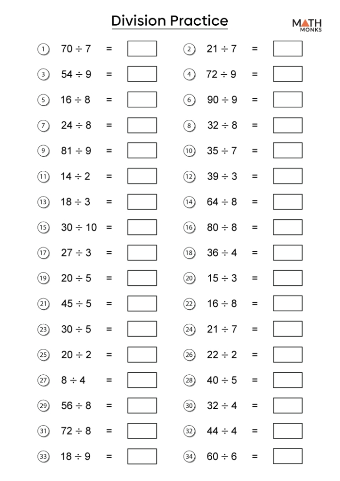 Division Challenge Level 2 worksheet for third graders featuring two-digit divisors and three-digit dividends