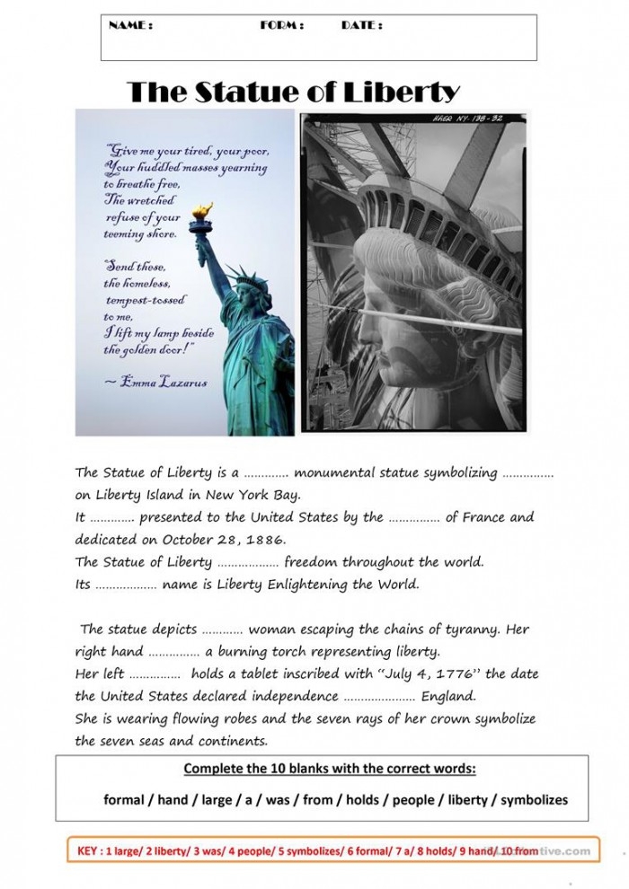 Statue of Liberty Vocabulary worksheet for Third Grade