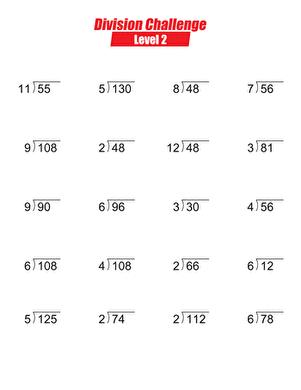 Third grade students practicing basic math facts with a 20-problem division challenge worksheet