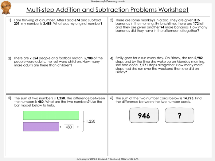 Multi-Step Subtraction and Division Problems Worksheet 11 - Ocean Theme Third grade ocean-themed worksheet showing multi-step word problems with subtraction and division operations for ratios and proportions practice