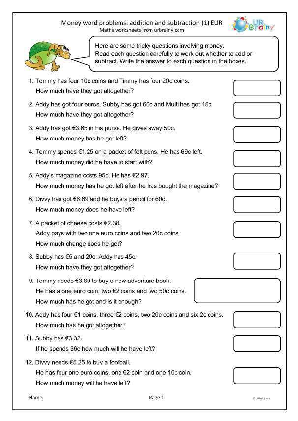 Third grade student solving addition and subtraction word problems on a printable worksheet