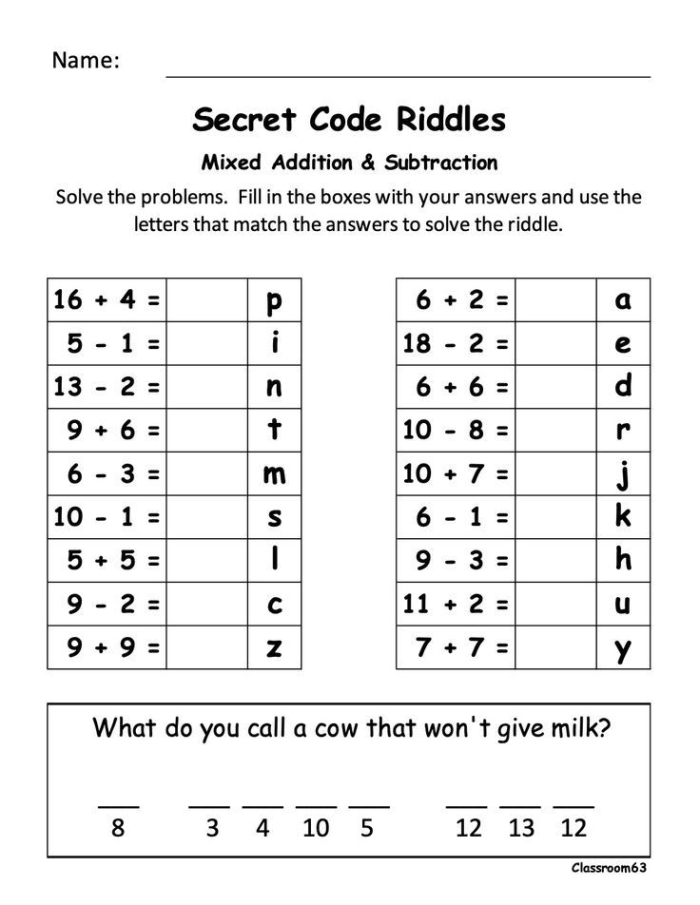 Third grade student practicing addition and subtraction problems to solve a funny lobster riddle on a math worksheet