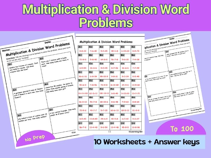 Third grade student completing a multiplication and division word problems practice worksheet
