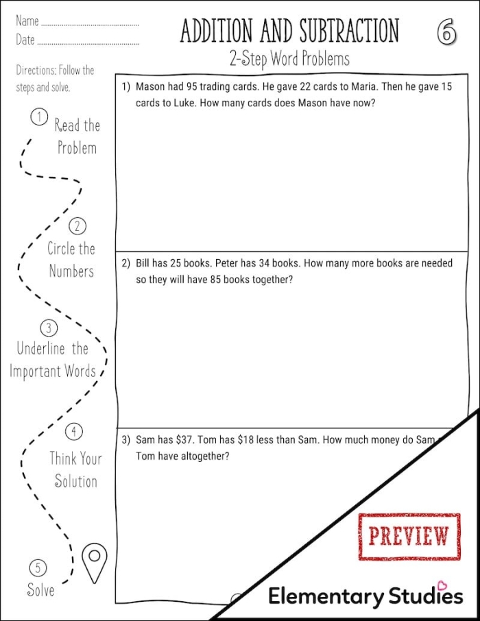 Stepping Through Addition and Subtraction Word Problems Practice Activity 14 Third grade students solving multi-step word problems with addition and subtraction operations on a practice worksheet