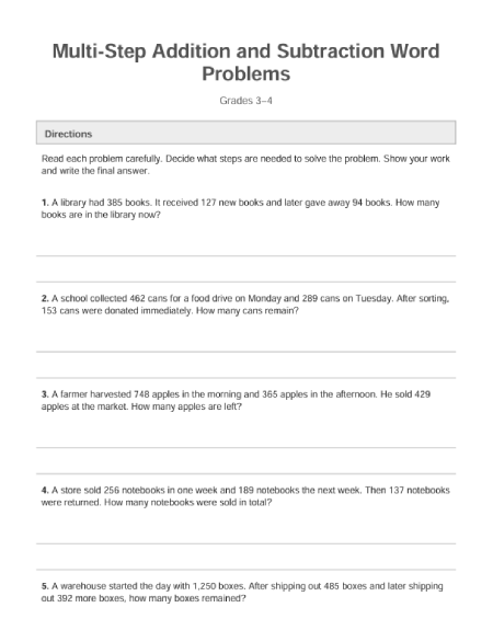Stepping Through Addition and Subtraction Word Problems Worksheet 15 Third grade student worksheet featuring multi-step addition and subtraction word problems for math practice