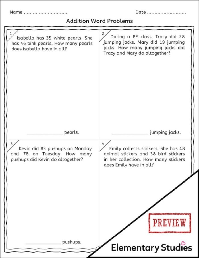 Two-Digit Addition and Subtraction Word Problems Exercise 22 for Third Grade Math Assessment Third grade students solving two-digit addition and subtraction word problems on a practice worksheet with math equations and story scenarios