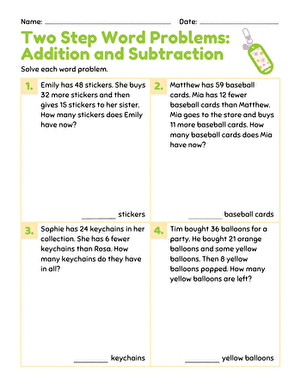 Stepping Through Addition and Subtraction Word Problems Practice Sheet 21 Third grade students solving multi-step word problems involving addition and subtraction operations on a practice worksheet