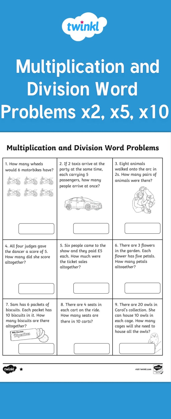 Third grade student solving multiplication and division word problems on a printable practice worksheet
