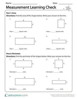 Third grade students practice area perimeter and elapsed time on this measurement learning check worksheet