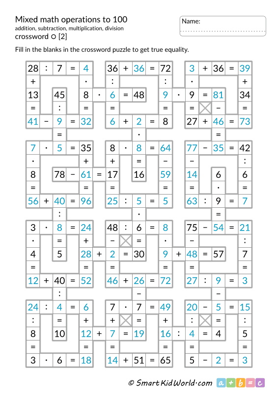 Math crossword puzzle worksheet for practicing mixed operations in third grade