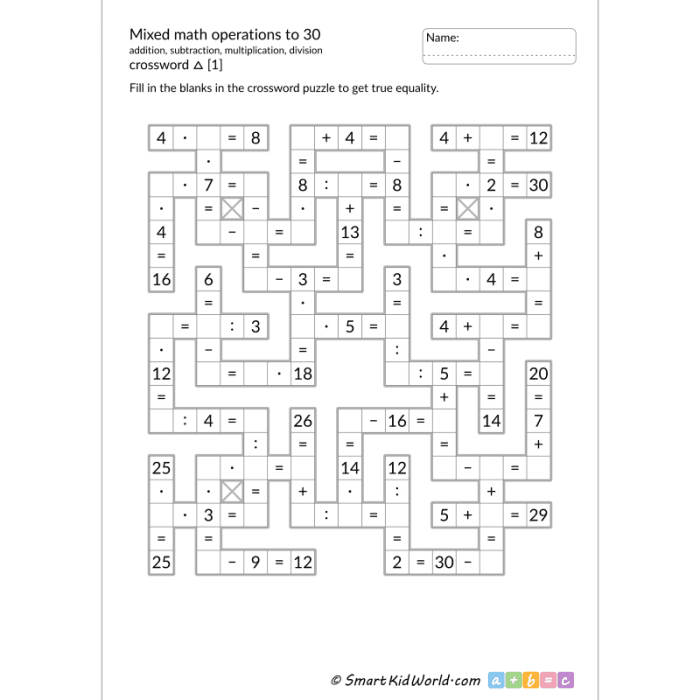 Math crossword puzzle worksheet focusing on mixed operations for third graders