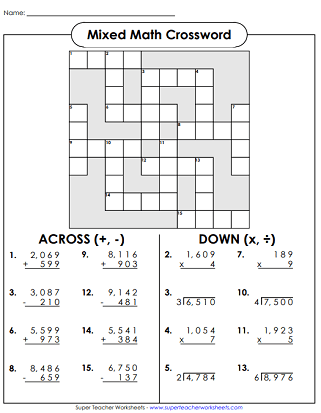 Third grade math crossword worksheet featuring mixed operations practice problems