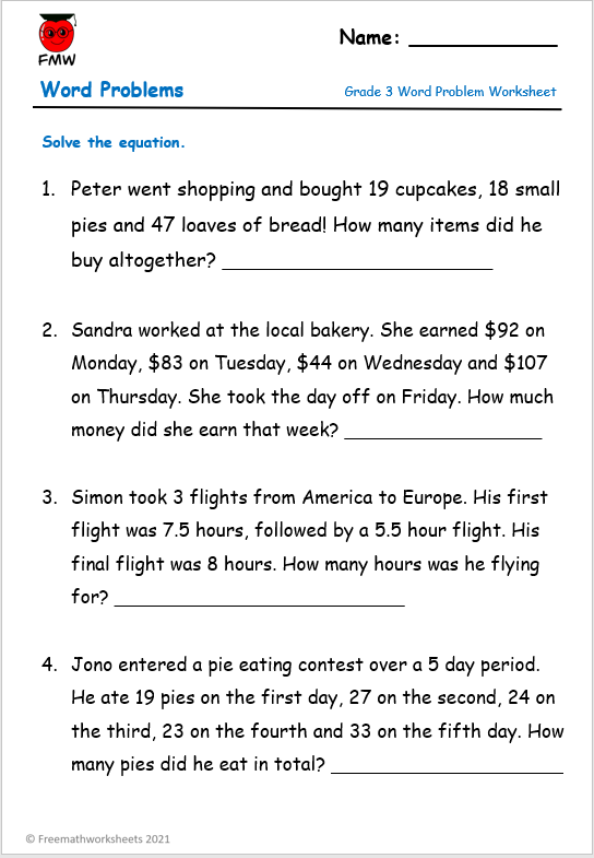 Third grade math worksheet featuring multiplication word problems about money at the store