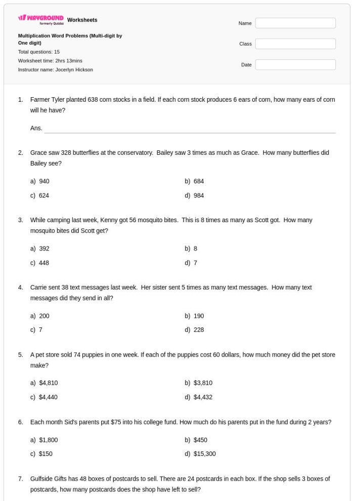 Third grade math worksheet featuring multiplication word problems about shopping and money