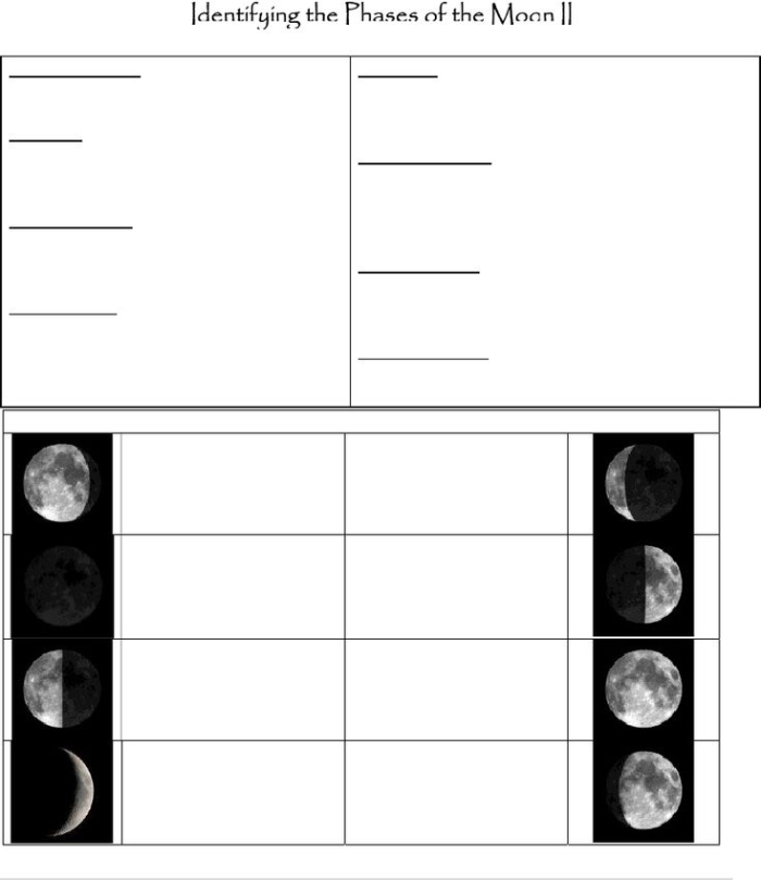 Identifying the Moon's Phases Worksheet 18 - Draw and Label Lunar Cycles Third grade student worksheet showing moon phase diagrams to complete and draw for earth science learning