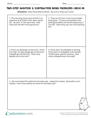 Stepping Through Addition and Subtraction Word Problems Worksheet 2 Third grade student worksheet featuring multi-step addition and subtraction word problems for math practice