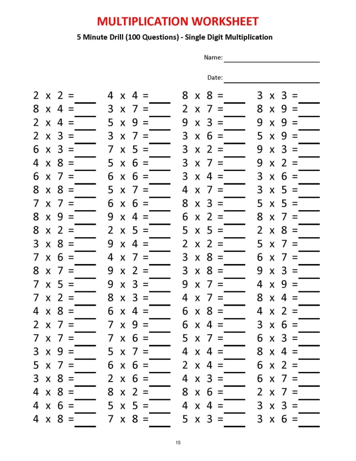 Minute Math worksheet focusing on multiplication and division for third graders
