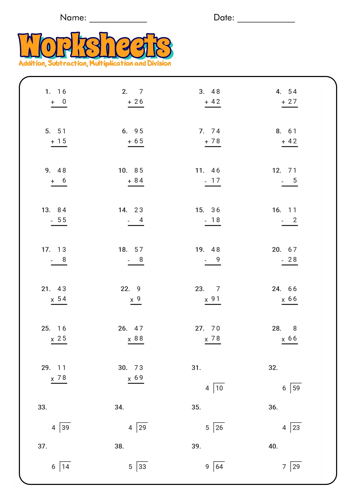 Worksheet featuring Minute Math multiplication and division exercises for third graders