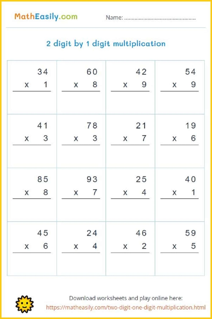Two-digit by one-digit multiplication problems for third grade students to practice basic multiplication skills