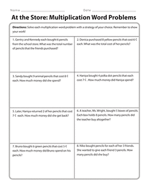 Multiplication word problems worksheet for third graders featuring money scenarios