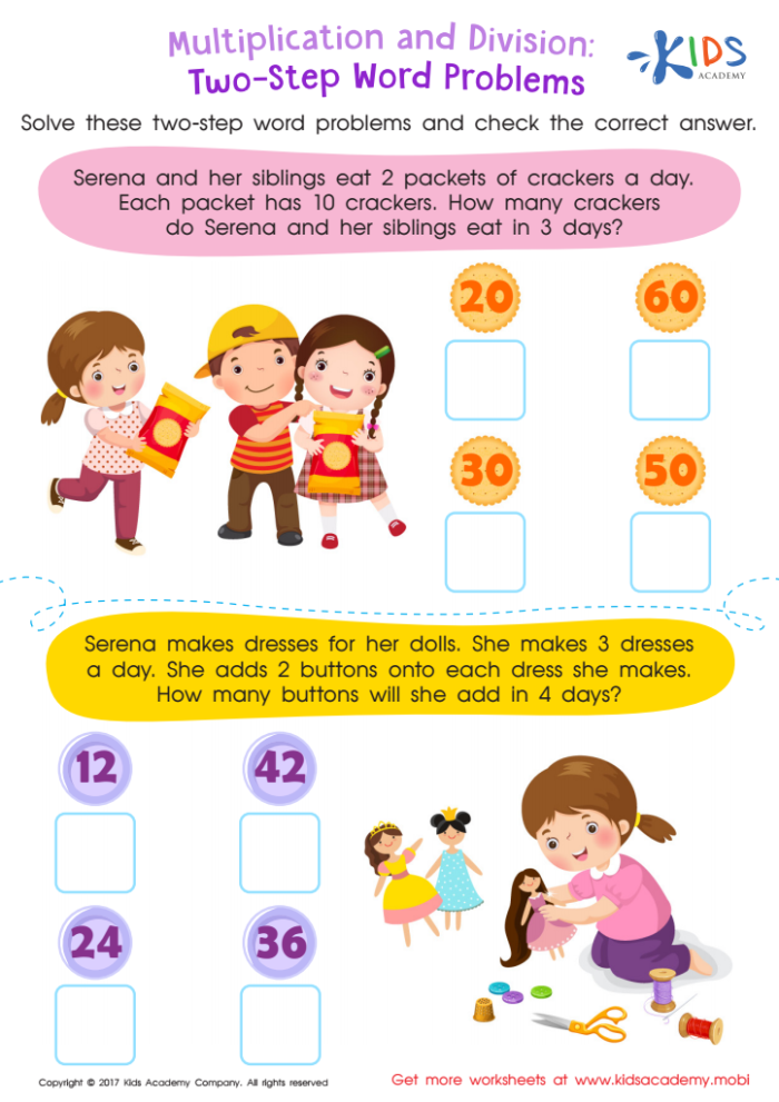 Two-Step Multiplication Word Problems Worksheet for Grade 3 Math Practice 18 Third grade students practicing multi-step multiplication word problems on a two-page math worksheet