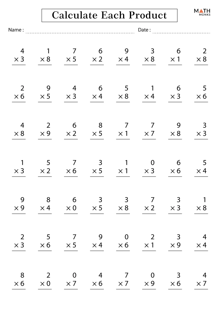Third grade multiplication fact worksheet with times tables and regrouping problems for math practice